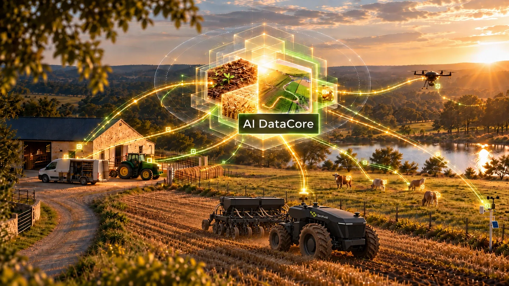 Holographic AI DataCore connecting equipment and field information across a farm