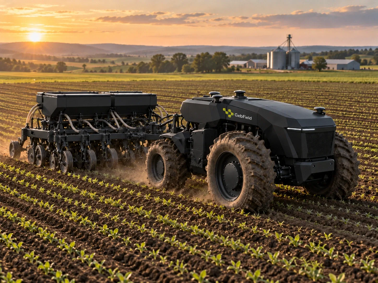 Black GebField tractor working in a field